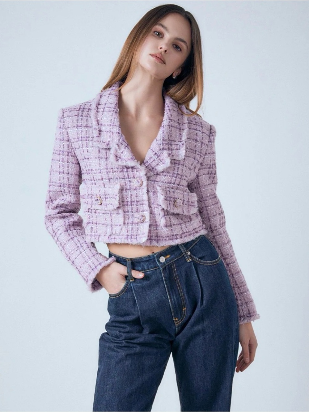 Endless Rose NWT Tonal Check Boucle Tweed Cropped Purple Jacket Women’s Size XS